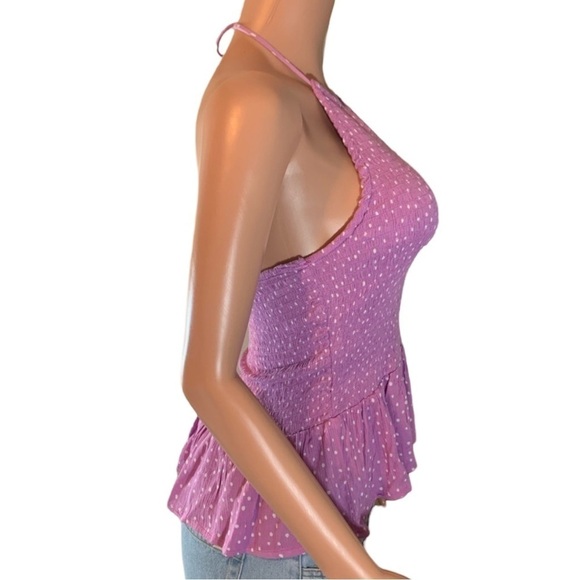 Patrons of Peace Smocked Violet Polka Dot Stretchy Ruffled Bottom Halter Top - Picture 4 of 11